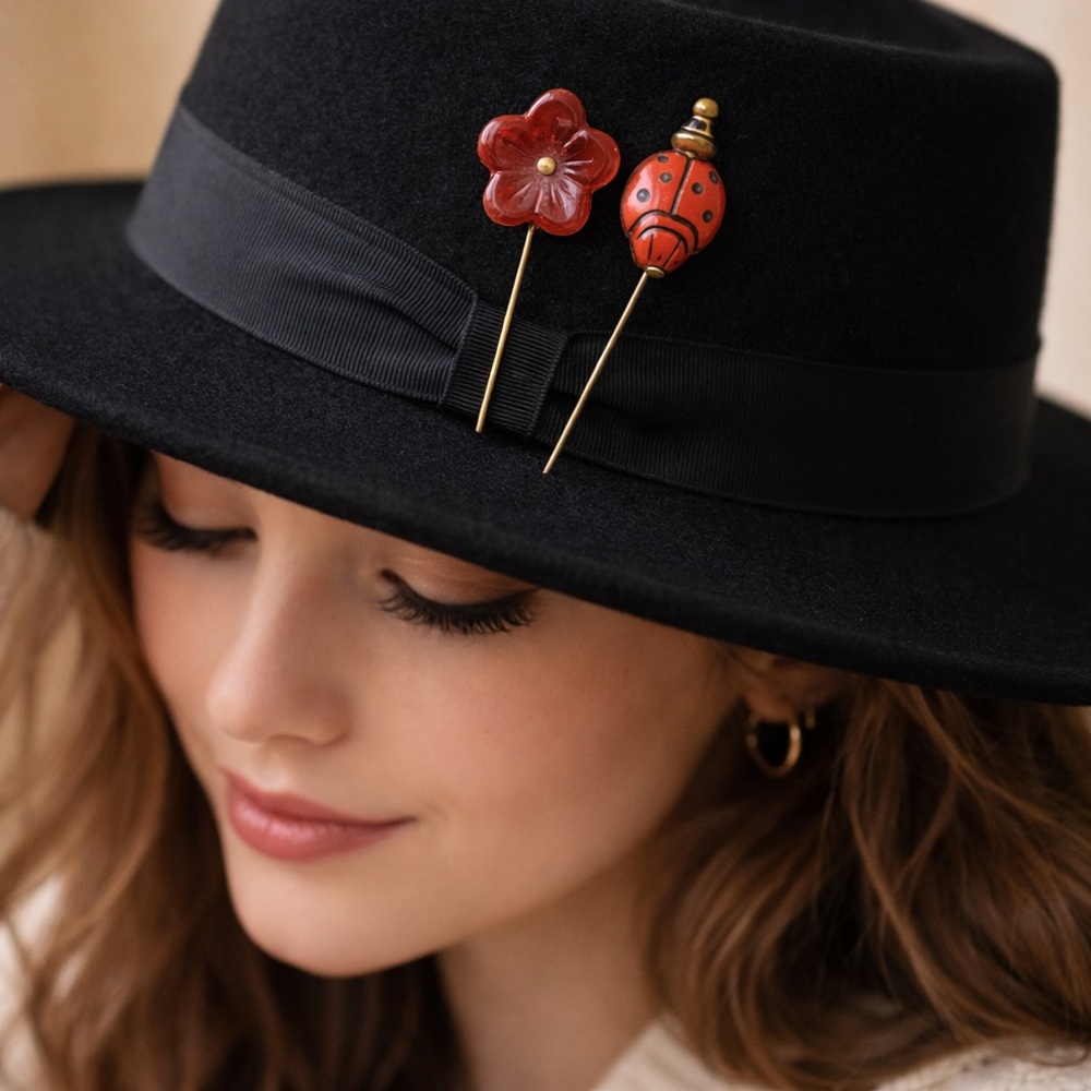 Vintage Red Ladybug and Flower Hat Pins Boho Y2K Set